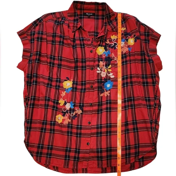 Madewell Red Embroidered CentralShirt in Dahl Plaid Check Top Oversized Size - M - Picture 5 of 7